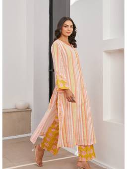 Tara-C-Tara - Yellow Striped Square Neck Co-Ord Set and Dupatta