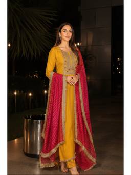 PRATAPSONS HERITAGE - Yellow Amber Embellished Chinon Silk Kurta with Pant and Dupatta