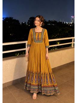 PRATAPSONS HERITAGE - Mustard Yellow Embellished Mul Cotton Anarkali Dress