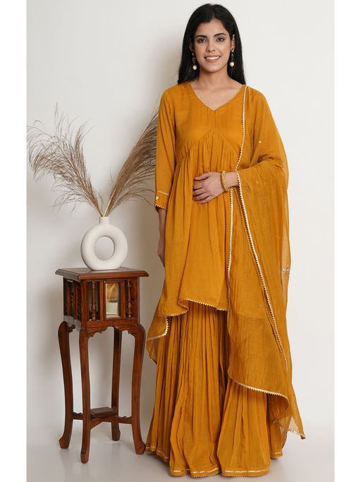 TANYA BERRY Mustard Yellow Kurta With Sharara And Dupatta (Set of 3)