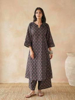 GOODHAND - Black Women Cotton Printed A-Line Gitika Kurta with Palazzo