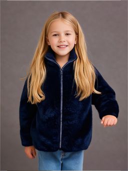 CHERRY CRUMBLE BY NITT HYMAN - Navy Blue Full Sleeve High Neck Winter Jacket For Girls