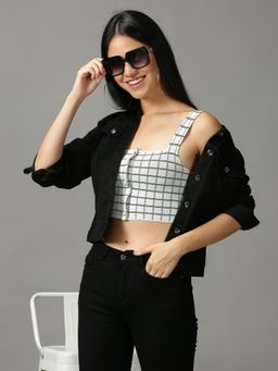 SHOWOFFFF - Women's Square Neck Fitted Checked Grey Crop Top
