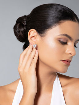 MAASHA - Women Silver Heart Crystal Stud Earrings