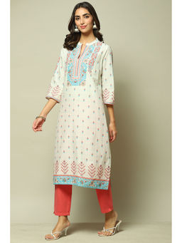 Biba - Womens Beige Printed Cotton Straight Kurta