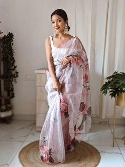 Odette - Pink Printed Organza Saree with Unstitched Blouse