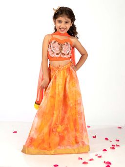 Elaisha - Girls Orange Polyester Choli with Chania and Dupatta (Set of 3)