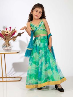 Elaisha - Girls Green Polyester Choli with Chania and Dupatta (Set of 3)
