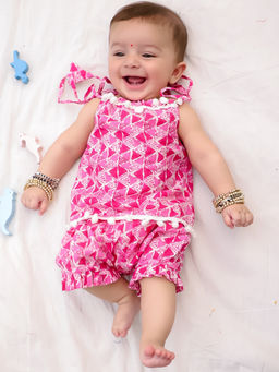 BownBee - Pink Pure Cotton Printed Jhabla & Shorts