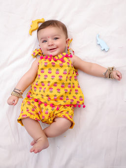 BownBee - Yellow Pure Cotton Printed Jhabla & Shorts