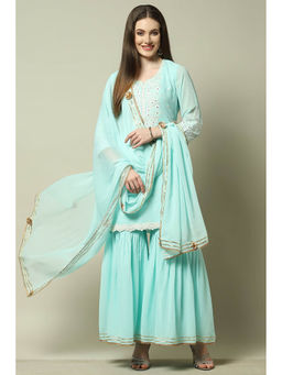 Rangriti - Women Blue Polyester Embroidered Kurta with Sharara and Dupatta (Set of 3)