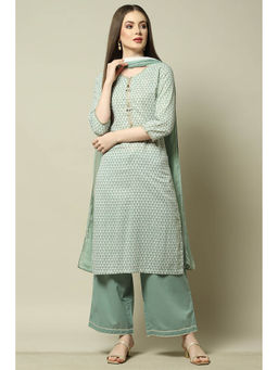 Rangriti - Women Green Cotton Geometric Printed Kurta with Palazzo and Dupatta (Set of 3)