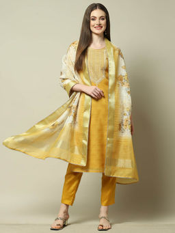Rangriti - Women Yellow Polyester Embroidered and Printed Kurta with Pant and Dupatta (Set of 3)