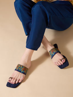 Inc.5 - Womens Navy Ethnic Embroidered One Toe Flat Slip-On