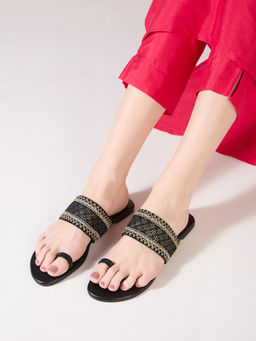 Inc.5 - Womens Black Ethnic Embroidered One Toe Flat Slip-On