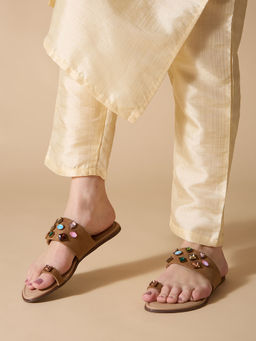 Inc.5 - Womens Beige Ethnic Embellished One Toe Flat Slip-On