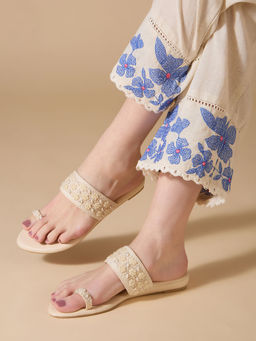 Inc.5 - Womens Cream Ethnic Embellished One Toe Slip-On Wedges Heels