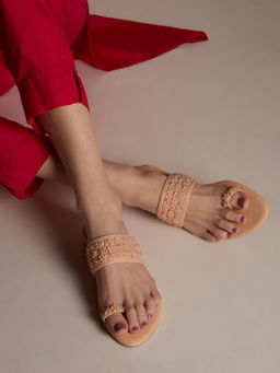 Inc.5 - Womens Peach Ethnic Embellished One Toe Flat Slip-On Wedges Heels