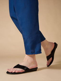 Inc.5 - Womens Black Ethnic Embellished T-Strap Flat Slip-On Wedges Heels