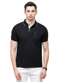 Classic Polo - Men Cotton Blend Solid Half Sleeve Regular Fit Polo Neck Black Color T-Shirt