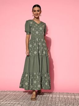 Yufta - Olive Printed Dobby Tiered Dress
