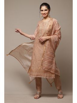 Biba - Beige Chanderi Unstitched Suit (Set of 3)