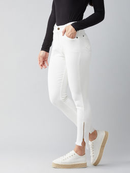 DOLCE CRUDO - White Skinny Fit High Rise Side Slit Cropped Stretchable Denim Jeans