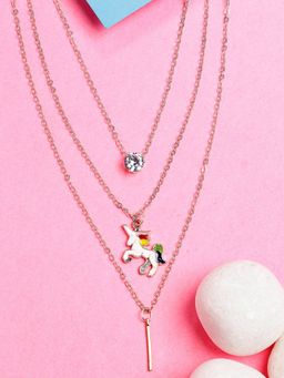 NVR - Womens Rose Gold-Plated Artificial Stones Unicorn Multi Layered Necklace