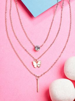 NVR - Womens Rose Gold-Plated Artificial Stones Butterfly-Shaped Multi Layered Necklace