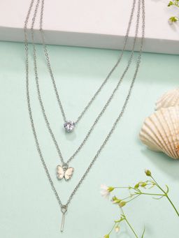 NVR - Womens Silver-Toned Artificial Stones Butterfly-Shaped Multi Layered Necklace