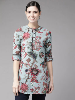 Rain & Rainbow - Women Blue Floral Printed Pure Cotton A-Line Kurti