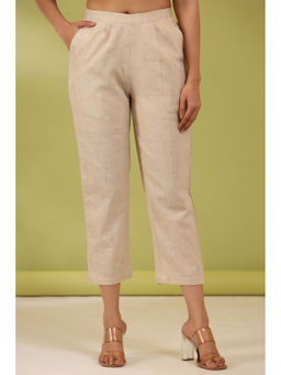 Rain & Rainbow - Women Textured Cotton Pleated Cigarette Trousers