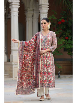 Rain & Rainbow - Women Cream Floral A-Line Kurta with Dupatta & Solid Trouser (Set of 3)