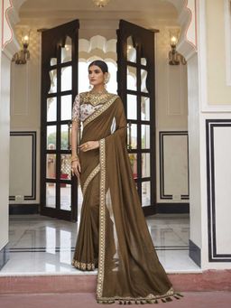 Odette - Brown Two Tone Vichitra Silk Embroidered Saree with Unstitched Blouse