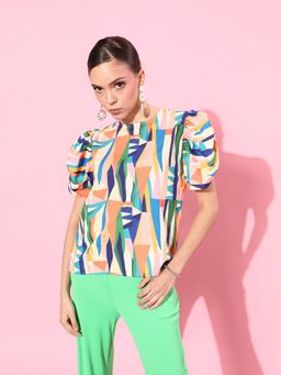 Style Quotient - Women Multicoloured Print Puff Sleeves Top