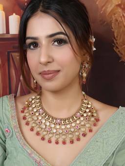 ZEWEL WORKS - Pink Alloy Gold Plated Traditional Jewellery Set