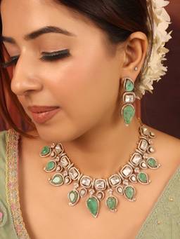 ZEWEL WORKS - Green Alloy Gold Plated Traditional Jewellery Set