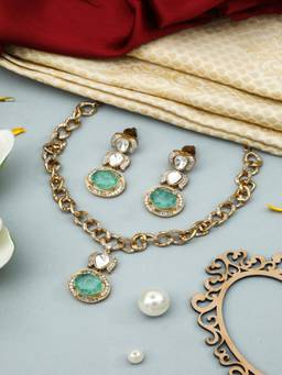 ZEWEL WORKS - Green Alloy Gold Plated Traditional Jewellery Set