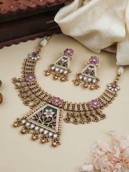 ZEWEL WORKS - Pink Alloy Gold Plated Traditional Jewellery Set
