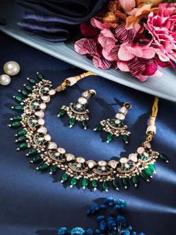 ZEWEL WORKS - Green Alloy Gold Plated Traditional Jewellery Set