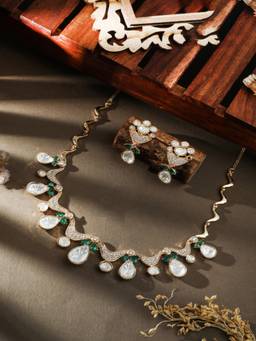 ZEWEL WORKS - Green Alloy Gold Plated Traditional Jewellery Set
