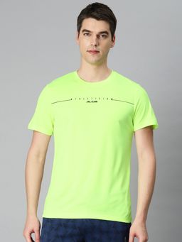Alcis - Men Fluorescent Green Typography Printed Anti Static Slim Fit Sports T-Shirt