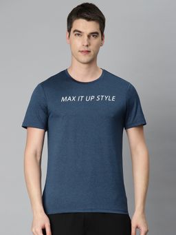 Alcis - Men Navy Blue Typography Printed Anti Static Slim Fit Sports T-Shirt