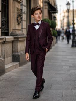 Kids Island - Little Gentleman’s Shirt With Pant Waistcoat Bowtie & Blazer - Wine