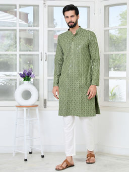 See Designs - Men Green Embroidered Kurta
