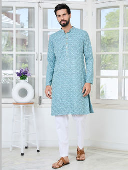 See Designs - Men Blue Embroidered Kurta