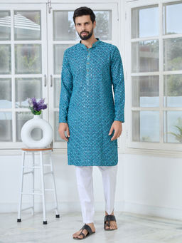 See Designs - Men Teal Embroidered Kurta