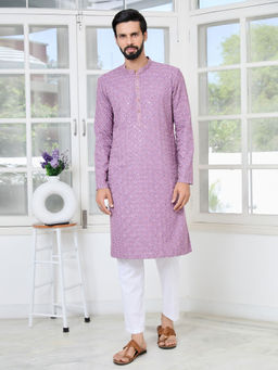 See Designs - Men Purple Embroidered Kurta