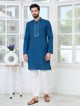 See Designs - Men Teal Embroidered Kurta