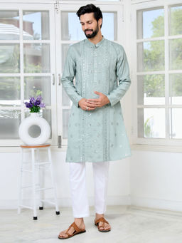 See Designs - Men Green Embroidered Kurta